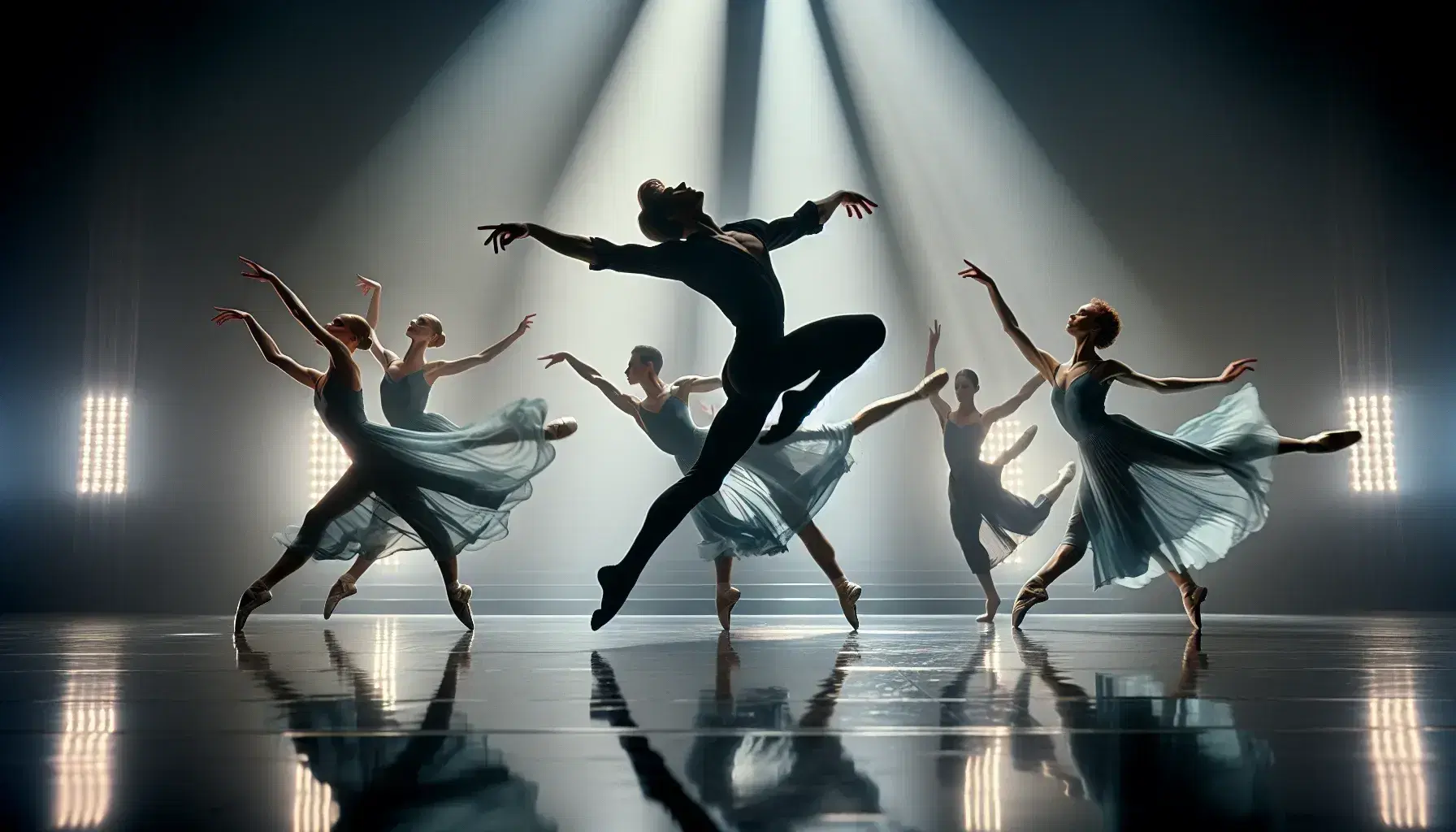 Bailarín masculino en salto dinámico con vestimenta negra y bailarinas en movimiento con trajes claros en escenario iluminado.
