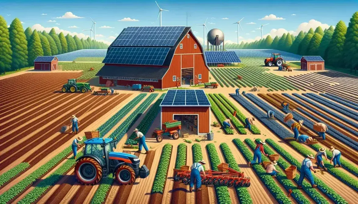 Granja sostenible con tractor rojo arando, trabajadores recolectando cosecha y paneles solares en un día soleado.