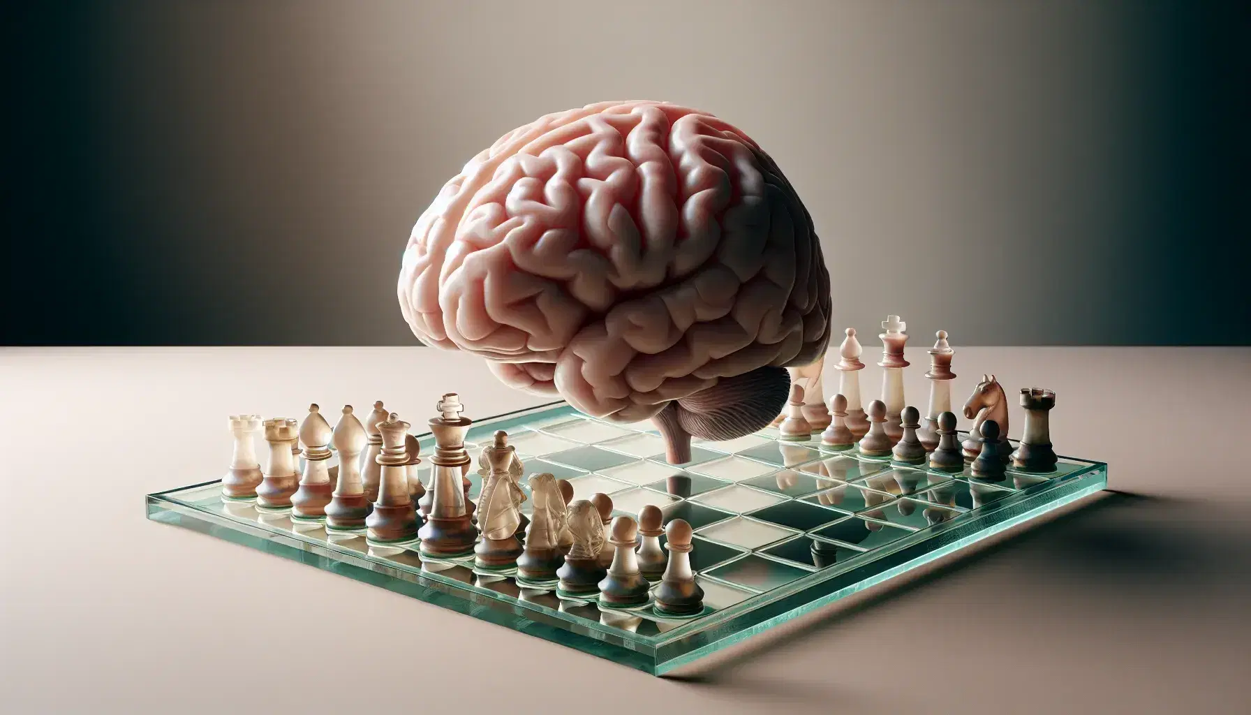 Detailed anatomical model of human brain in lateral view on neutral background with glass chess board and pieces in starting position.