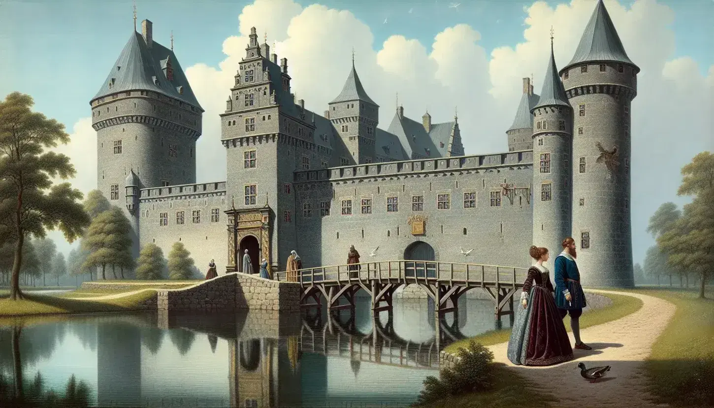 Medieval Danish castle with gray stone walls, central keep, and moat, featuring a lowered drawbridge, two figures in period attire on a bridge, and a clear blue sky.