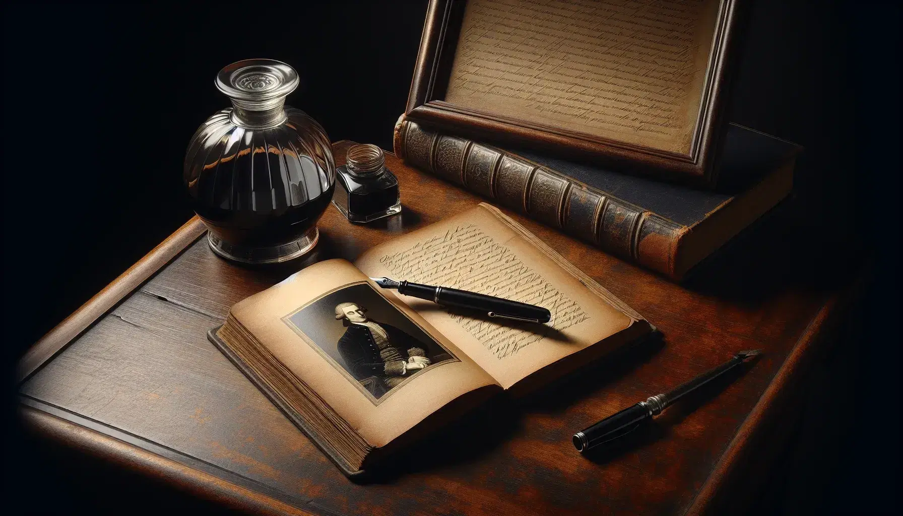 Scrivania in legno scuro con libro antico aperto, penna stilografica argento, calamaio in vetro e ritratto in bianco e nero.