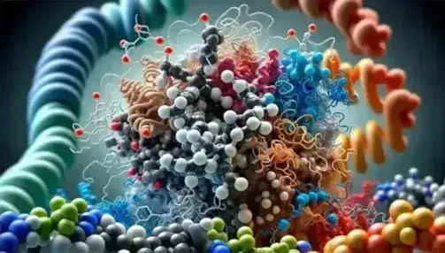 Three-dimensional molecular model of the Na/K-ATPase enzyme with colored spheres for atoms, on a blurred background of frog on green leaf.