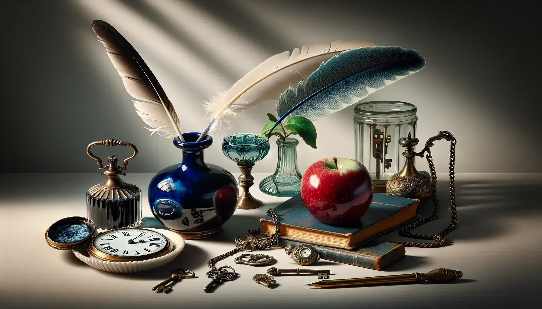 Natura morta con calamaio ceramico blu cobalto, piuma d'oca, mela rossa, bicchiere d'acqua, orologio da tasca in ottone e mazzetto di chiavi antiche.