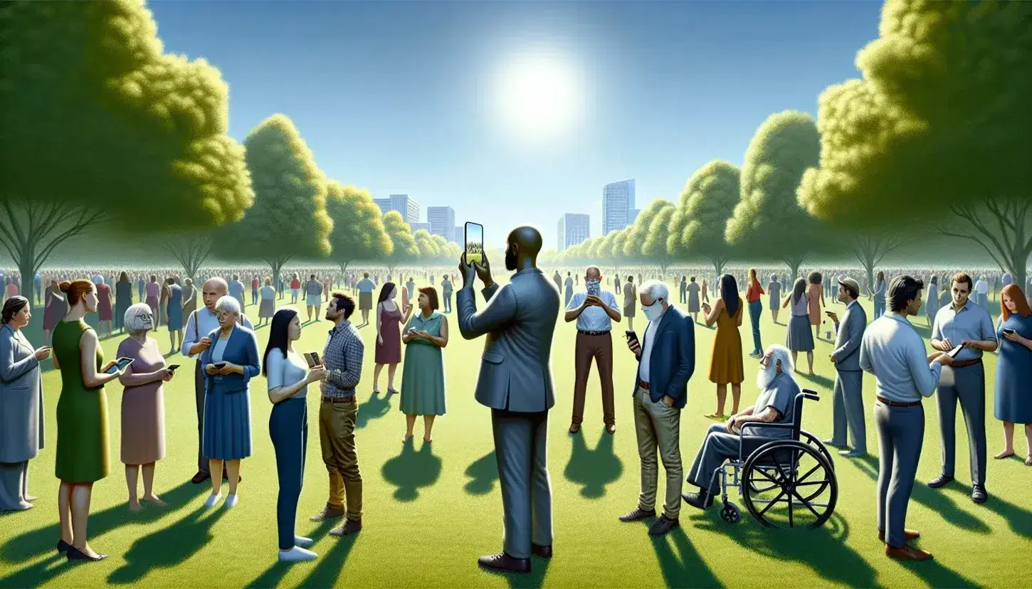 Diverse group gathers in sunny park with trees, person in foreground using smartphone, individual in wheelchair conversing, clear blue sky overhead.