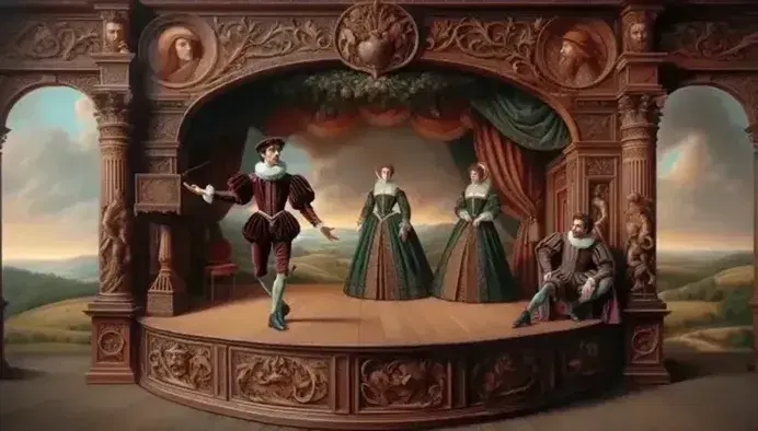 Renaissance theater stage with actors in period costumes, ornate proscenium arch, pastoral backdrop, and audience on balcony, in natural lighting.