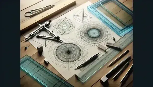 Strumenti di disegno tecnico e geometria su scrivania in legno con foglio di figure geometriche, compasso, squadra e righello.