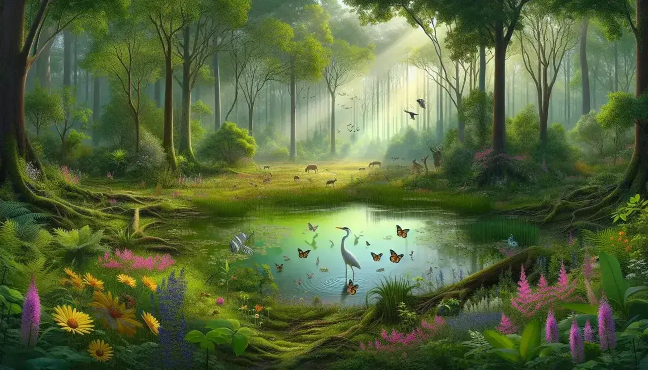 Bosque denso con estanque claro, heron blanco, peces, mariposas naranjas y negras, ciervo con grandes astas y aves volando entre árboles iluminados por rayos solares.