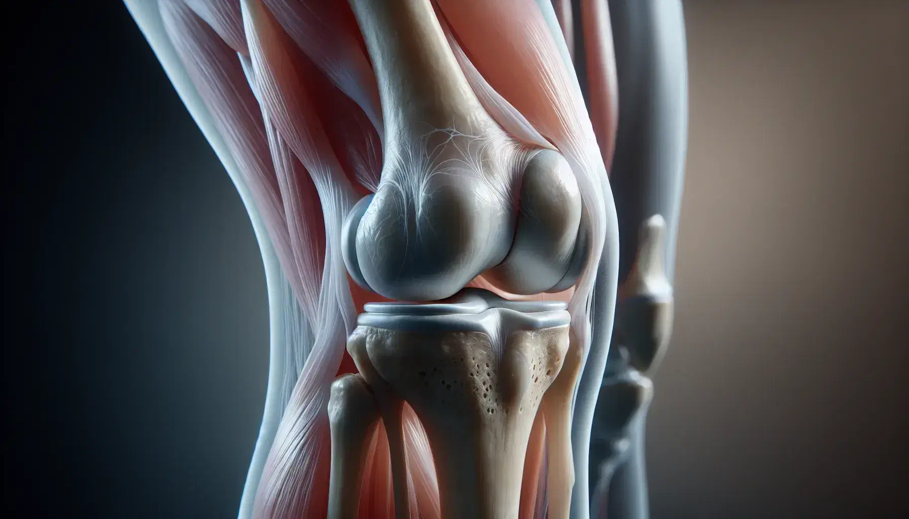 Vista lateral de una rodilla humana con piel translúcida mostrando patela, fémur, tibia y tejidos blandos en un entorno clínico sin signos de daño.