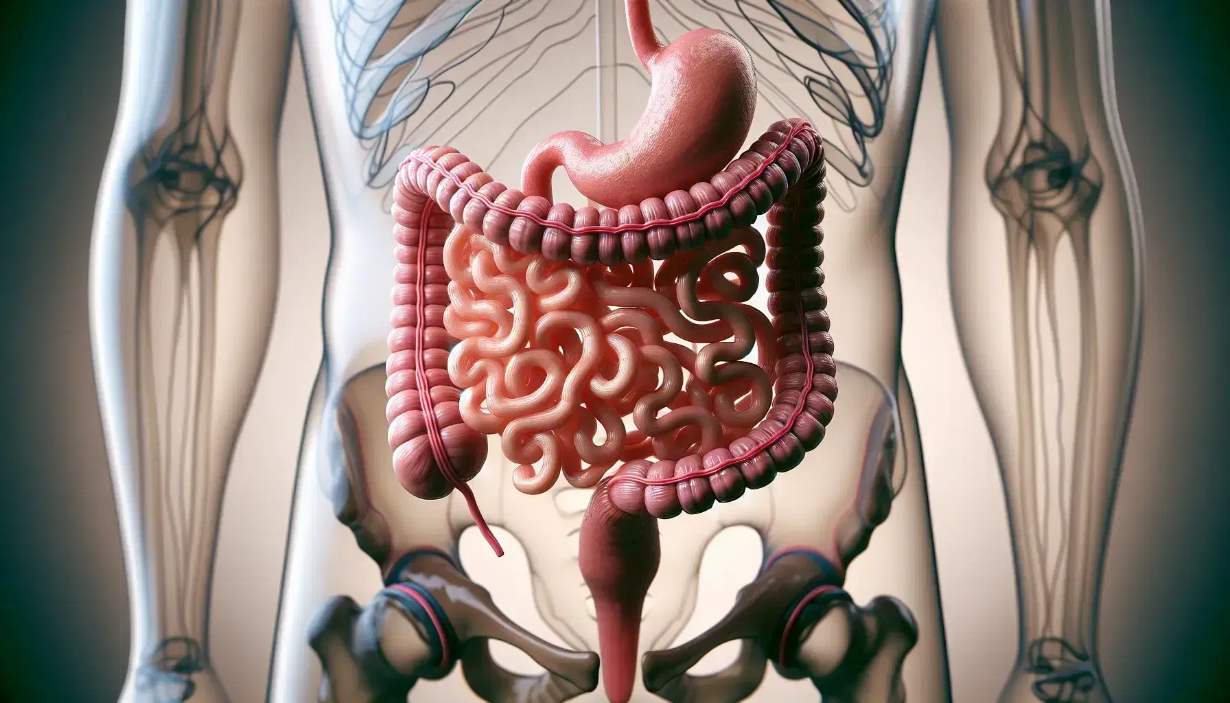 Modello anatomico 3D del tratto gastrointestinale umano con stomaco, intestino tenue e crasso, retto e ano su sfondo neutro.