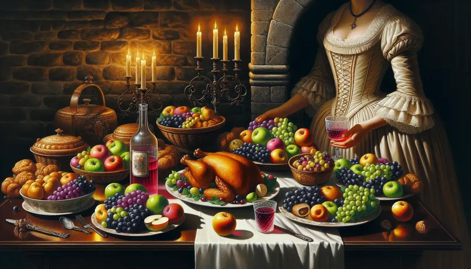 Scena in locanda del XVIII secolo con tavola imbandita di cibo, donna in abito d'epoca offre dolci a uomo seduto, atmosfera intima illuminata da candele.