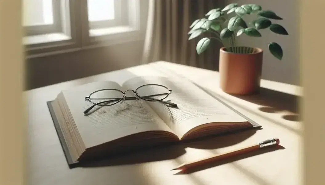 Libro abierto con páginas en blanco y gafas con montura negra sobre una mesa de madera clara, lápiz afilado al lado y planta interior desenfocada al fondo.