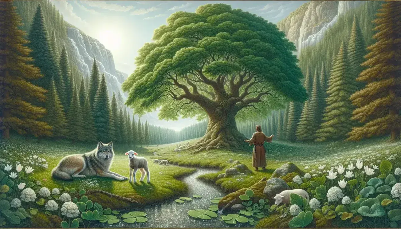 Lupo e agnello in pace su erba verde, uomo medievale sotto albero rigoglioso, cielo azzurro e ruscello scintillante.