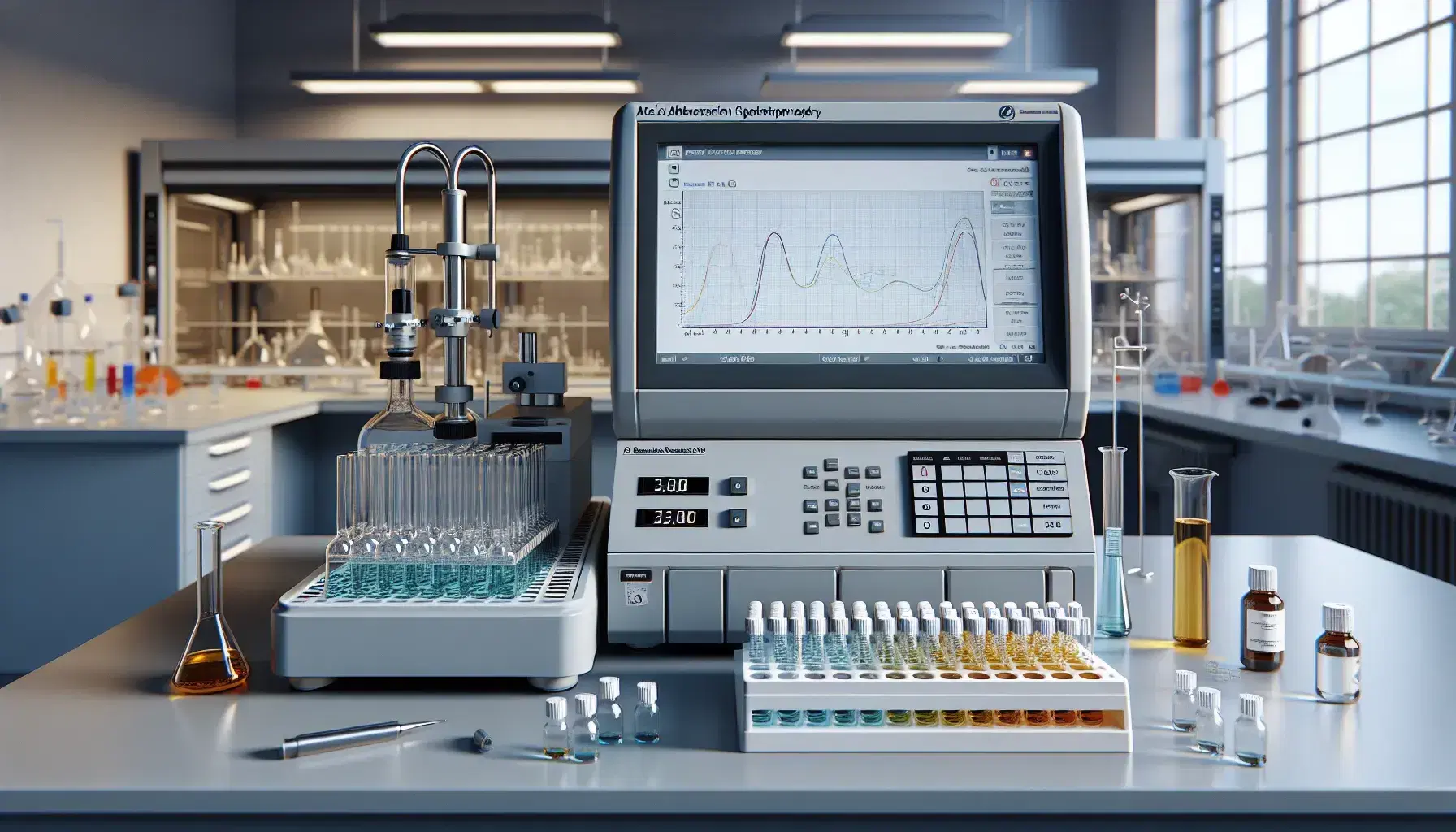 Laboratorio científico con espectrofotómetro de absorción atómica, viales de soluciones coloridas y capucha de extracción con material de vidrio.