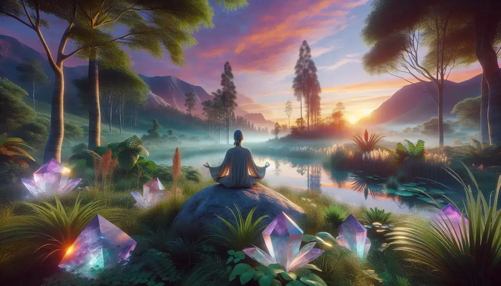 Person meditating at sunrise on flat rock, pastel clothes, surrounded by green plants and quartz crystals, sky colored by sunrise.