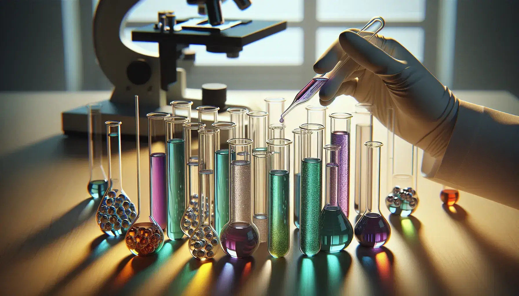Mano con guanto in lattice usa pipetta per trasferire liquido viola tra provette colorate su banco laboratorio con microscopio sullo sfondo.
