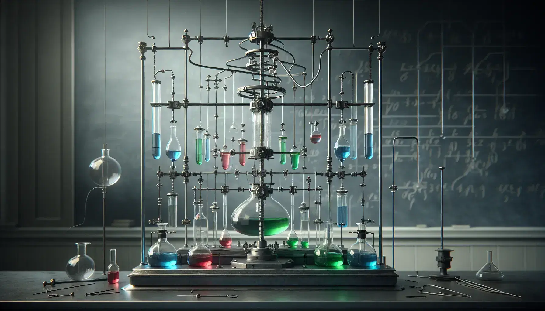 Laboratory glassware setup with colorful liquids in interconnected flasks and tubes, stabilized on metal stands, under a swinging pendulum.
