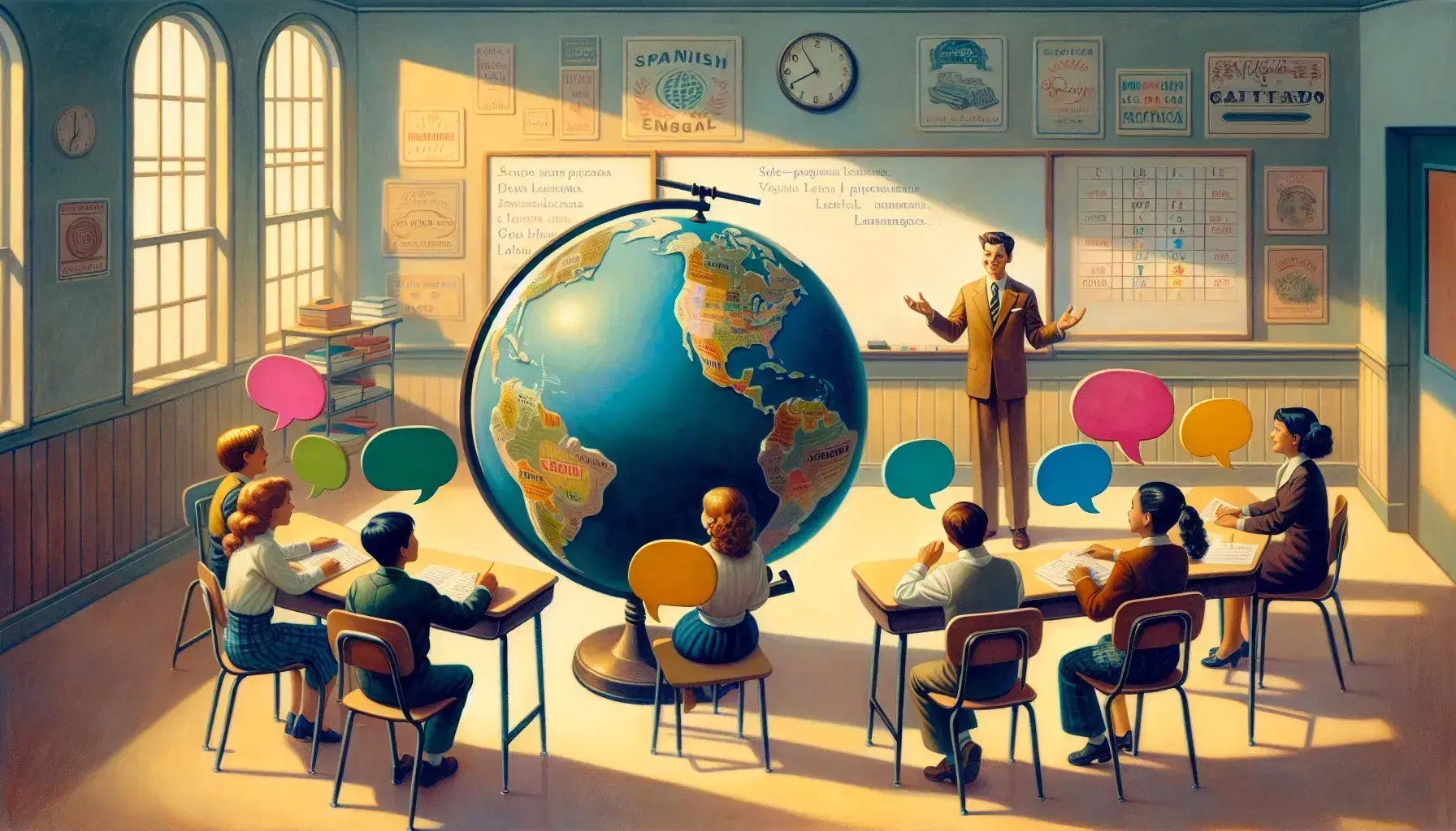 Spanish language classroom with students holding colorful speech bubbles around a globe, teacher gesturing beside a whiteboard, promoting oral communication.