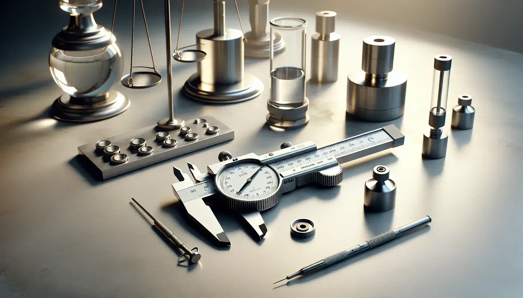 Conjunto de instrumentos de medición científica con calibre vernier, micrómetro y pesas de calibración en superficie clara, junto a frasco de vidrio y pipeta graduada.