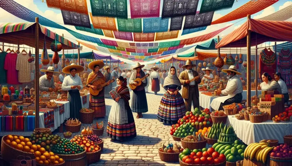 Grupo diverso en mercado mexicano tradicional con artesanías coloridas y puestos de frutas y verduras frescas bajo lonas multicolores.