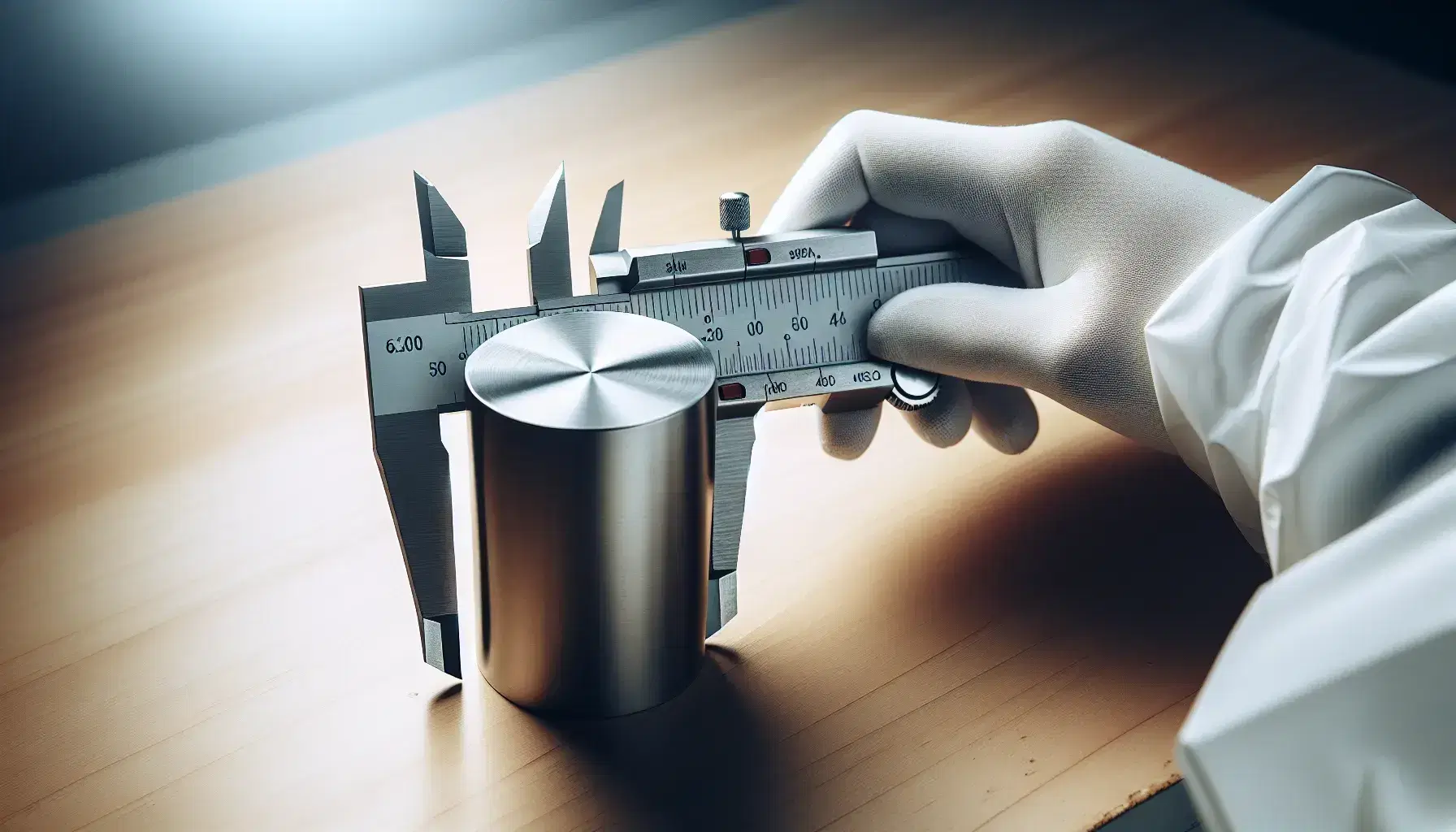 Mano con guantes blancos utilizando un calibre vernier de acero inoxidable para medir un cilindro metálico sobre una mesa de laboratorio clara.