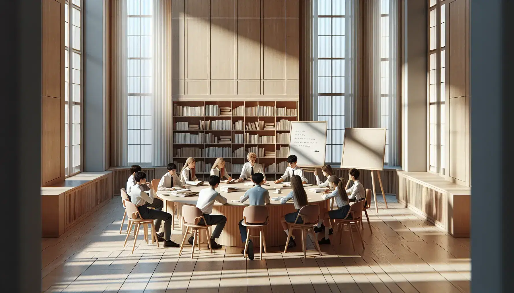 Aula luminosa con cinco estudiantes alrededor de una mesa redonda, discutiendo activamente sin tecnología visible, junto a una pizarra blanca y estantería con libros.