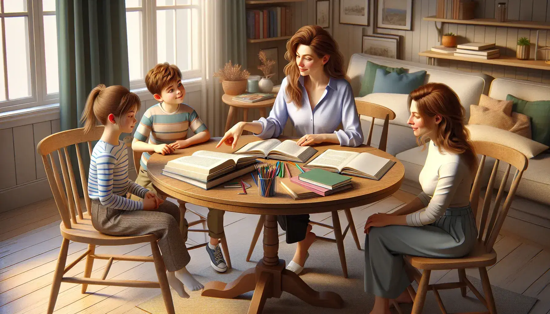 Escena familiar con mujer enseñando a niño y niña dibujando, en una mesa con libros y lápices de colores, iluminados por luz natural.