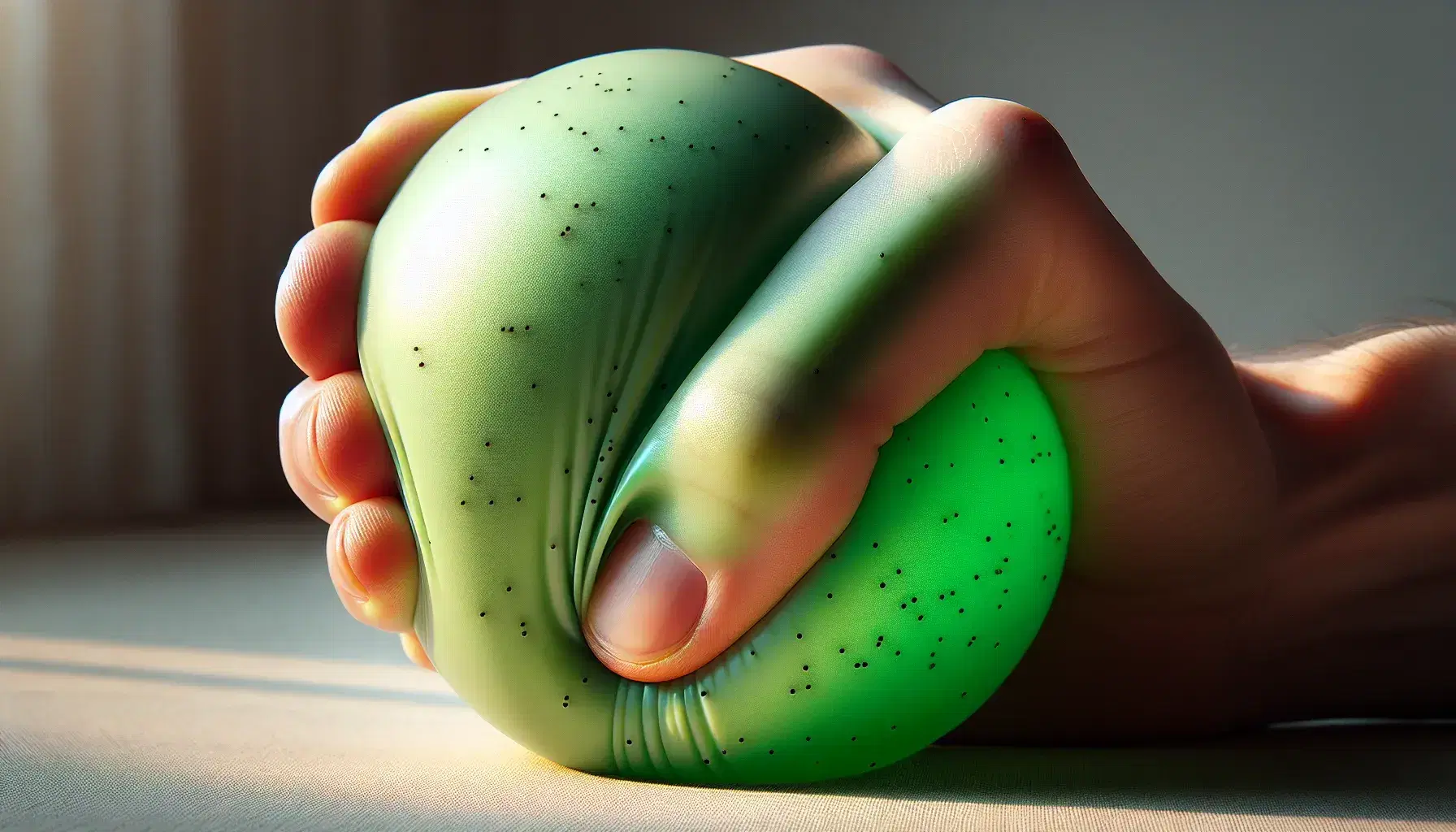 Mano humana comprimiendo pelota de goma verde con puntos negros, mostrando elasticidad y textura en un fondo desenfocado.