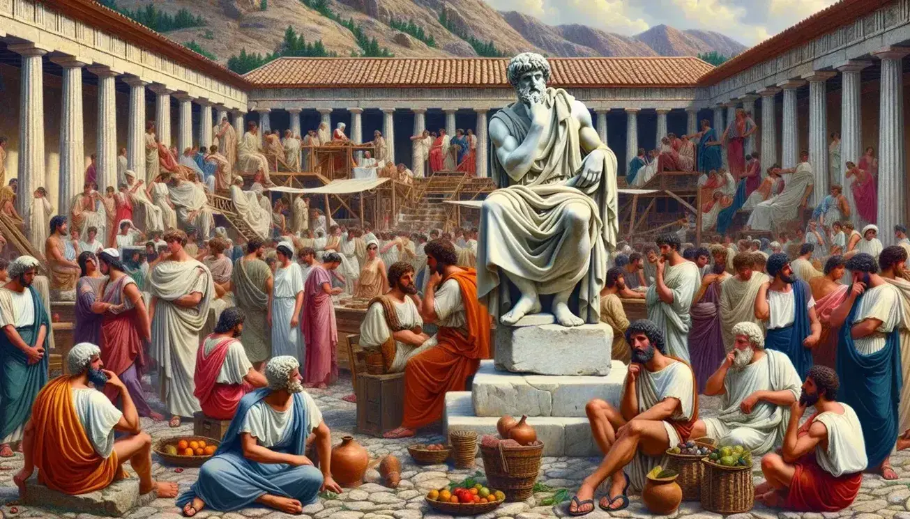 Agora greca antica con statua di filosofo, cittadini in dialogo, banchi di mercato e tempio dorico sullo sfondo.