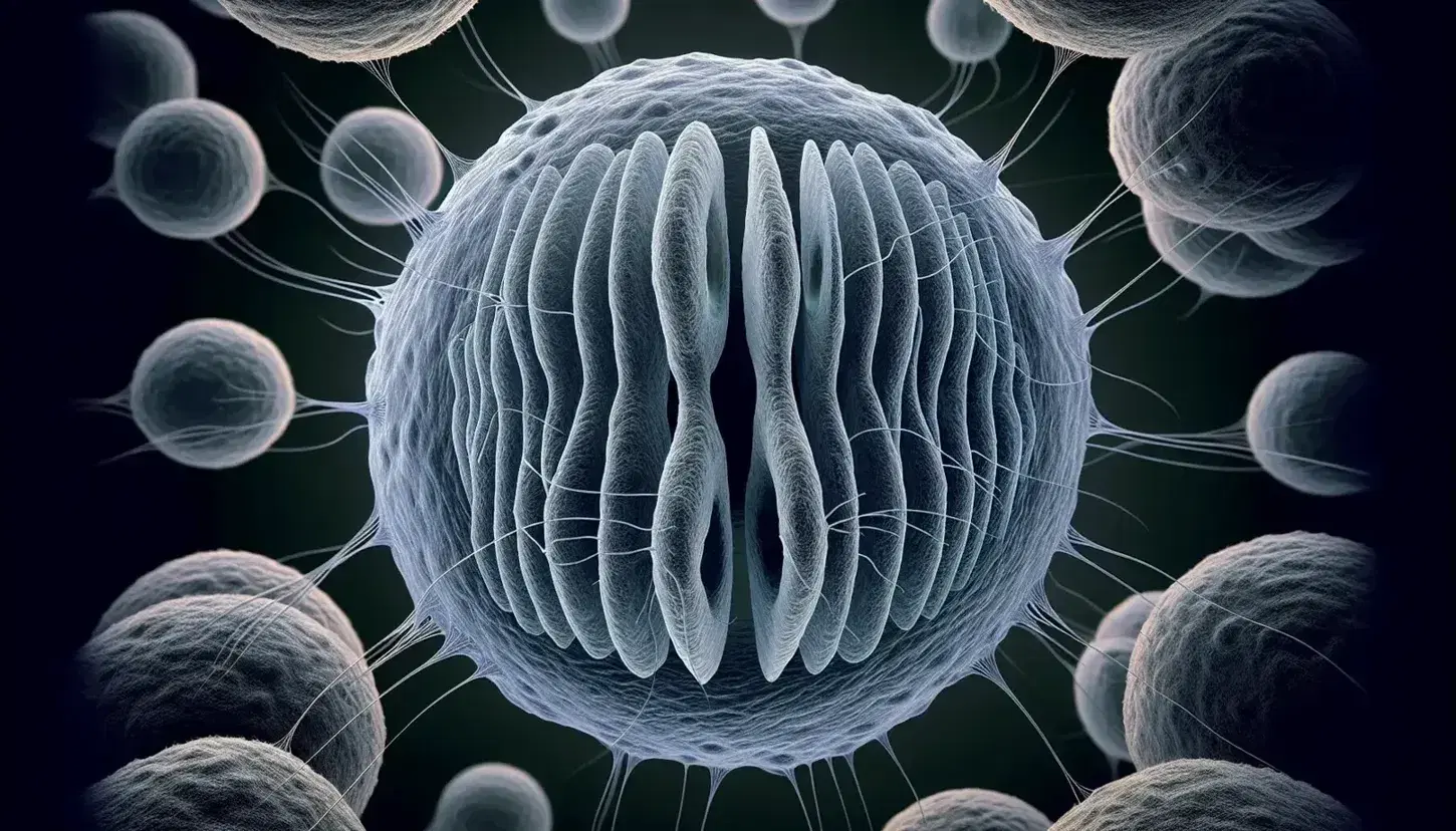 Cell undergoing mitosis with blue chromosomes in metaphase alignment and radiating microtubules forming mitotic spindle on gradient background.