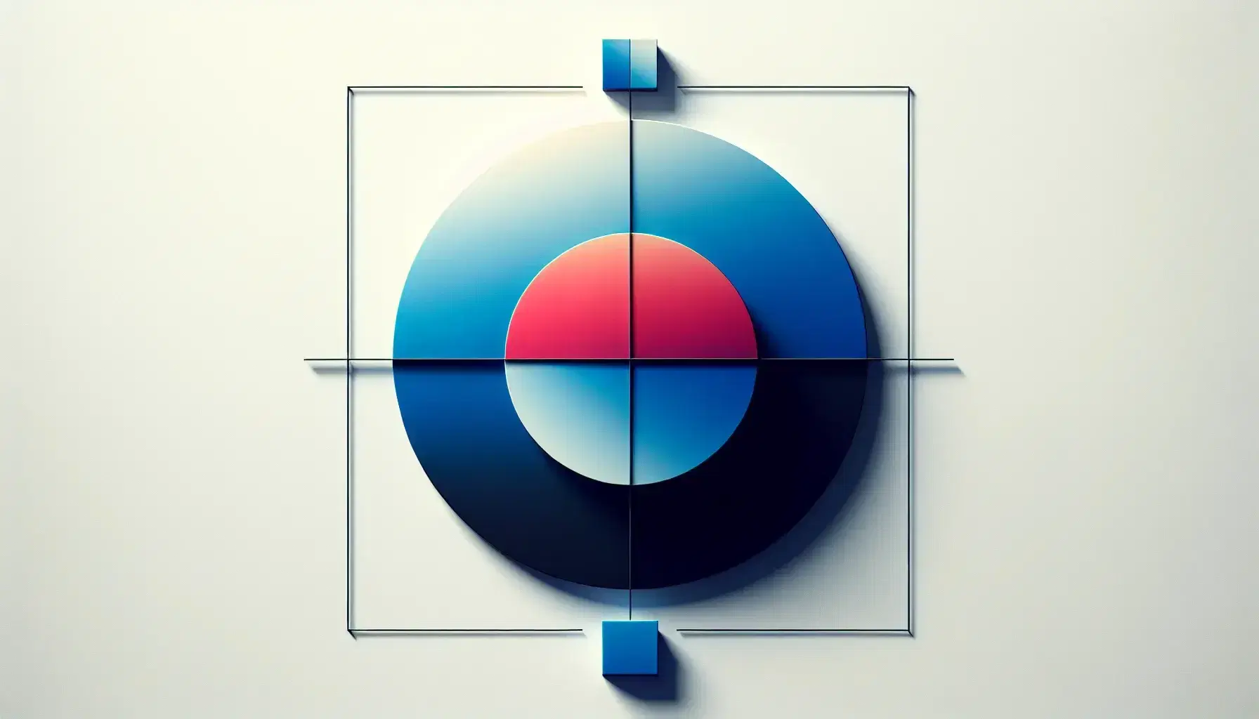 Symmetrical composition with a gradient blue circle, vibrant red square, and bright yellow triangle above their reflections on a white background.