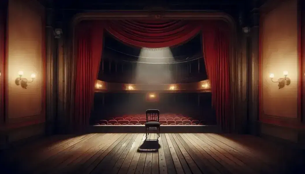 Escenario teatral vacío con cortinas rojas de terciopelo, silla de madera antigua en el centro y suave iluminación proyectando sombras.