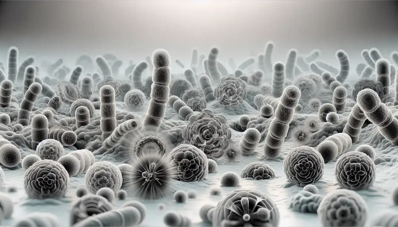 Vista microscópica de células bacterianas procariontes con formas esféricas, en barra y espirales en tonos de gris, sin núcleos definidos.