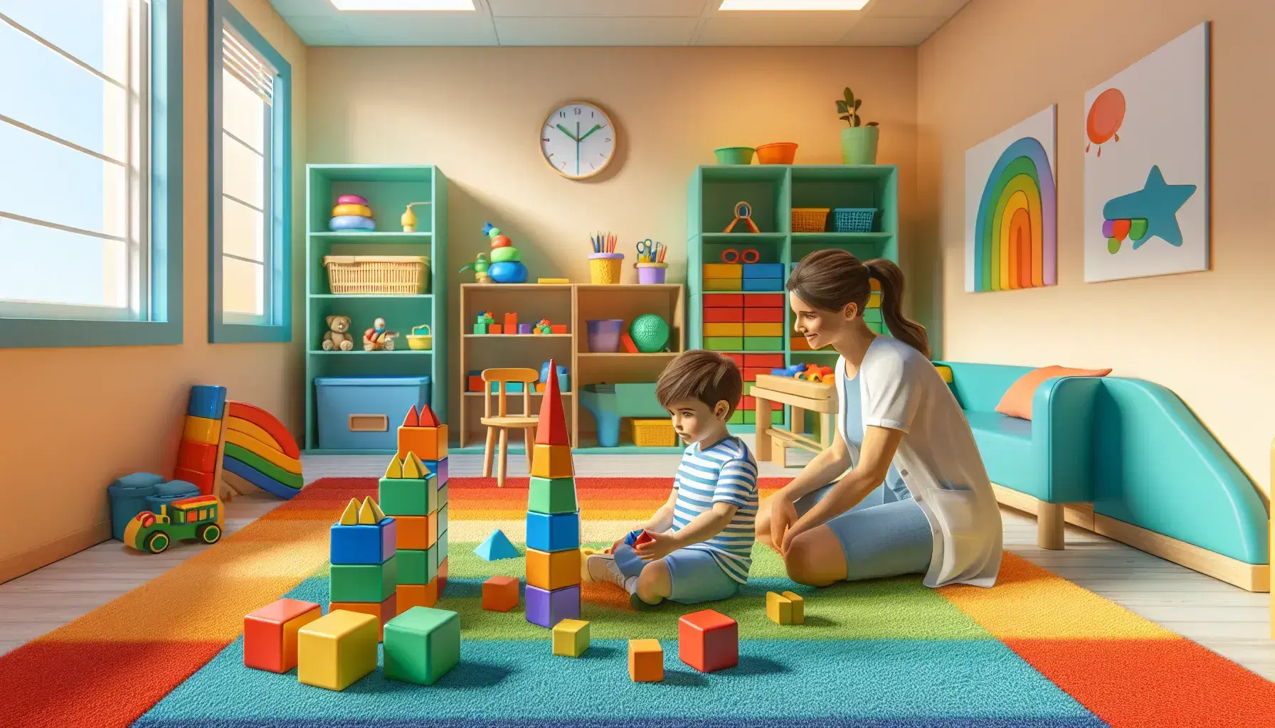 Bambino costruisce torre con blocchi colorati su tappeto multicolore, psicologa pediatrica osserva sorridente in stanza giochi terapeutica luminosa.