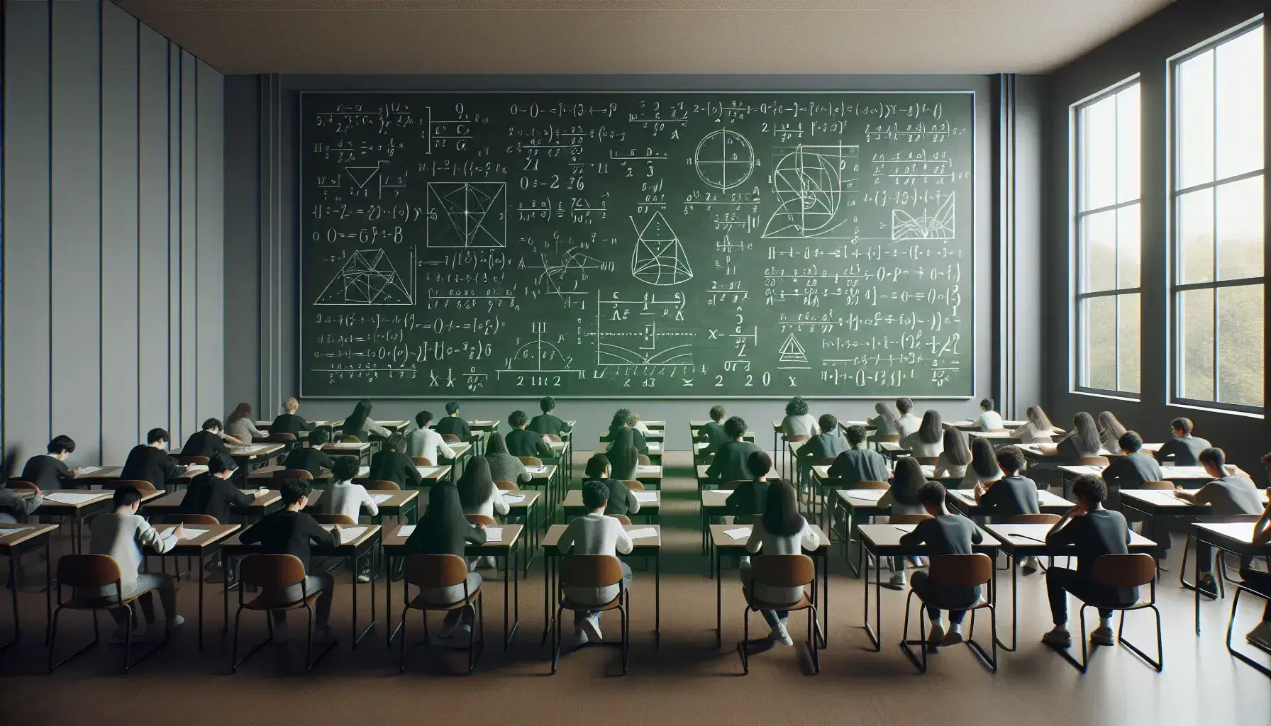 Estudiantes diversos concentrados resolviendo problemas matemáticos en clase, con pizarra de ecuaciones al fondo y mobiliario escolar típico.