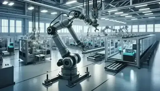 Brazo robótico industrial manipulando pieza de maquinaria en fábrica automatizada con cintas transportadoras y luces fluorescentes.