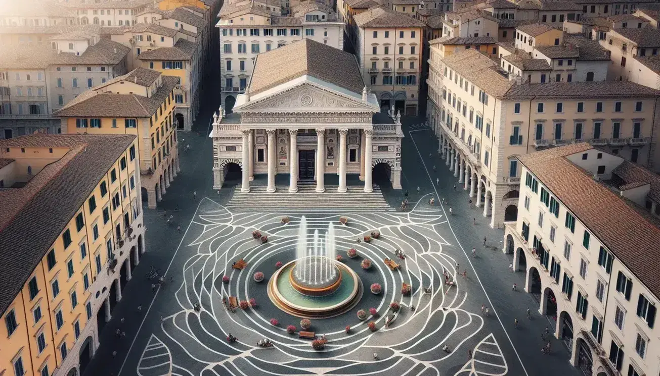 Vista aerea di piazza italiana con fontana centrale, pavimentazione geometrica, edifici storici, persone e cielo sereno.