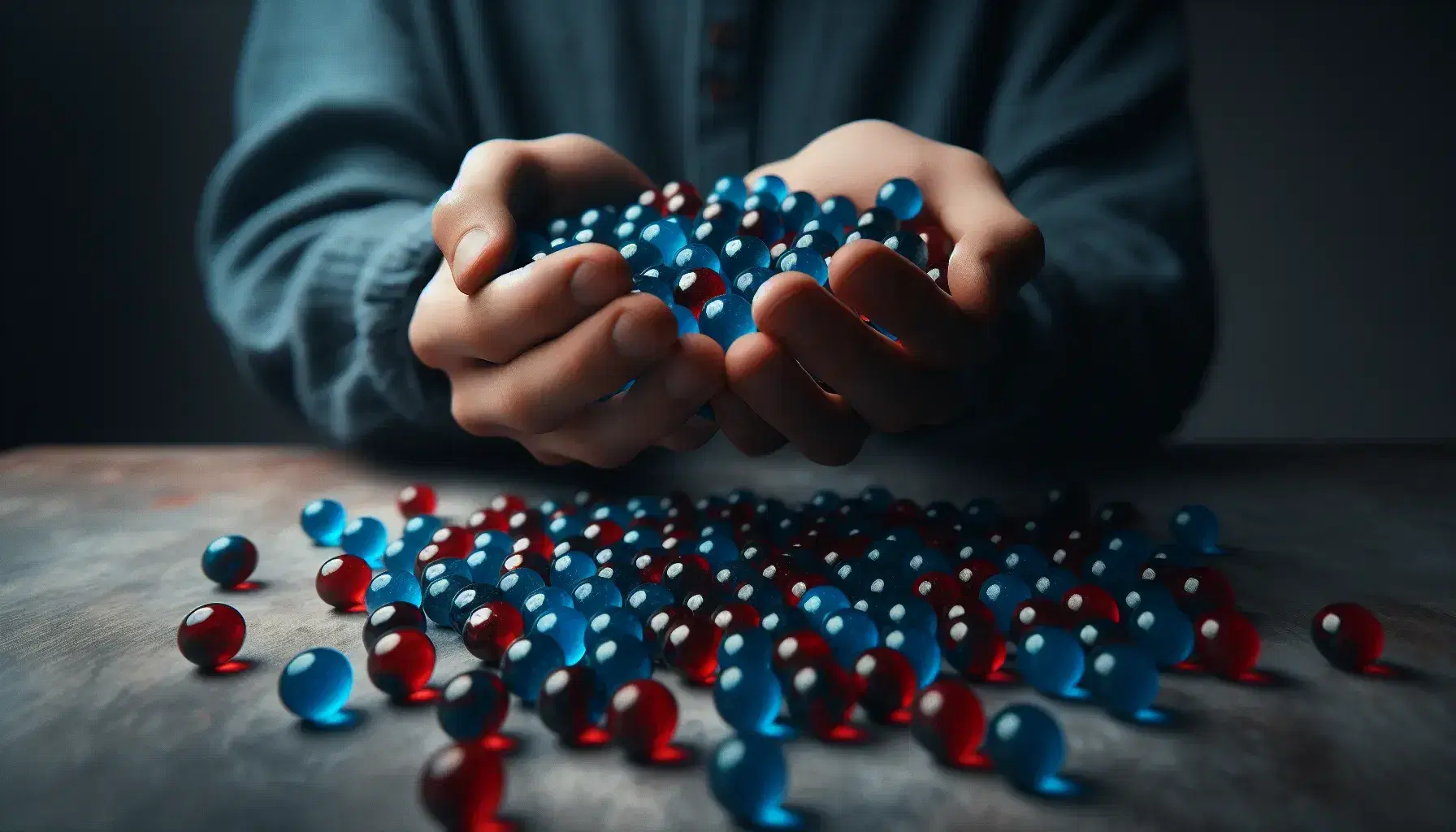 Close up of hands holding blue and red marbles ready to be scattered on neutral surface, shiny reflections and blurred background.