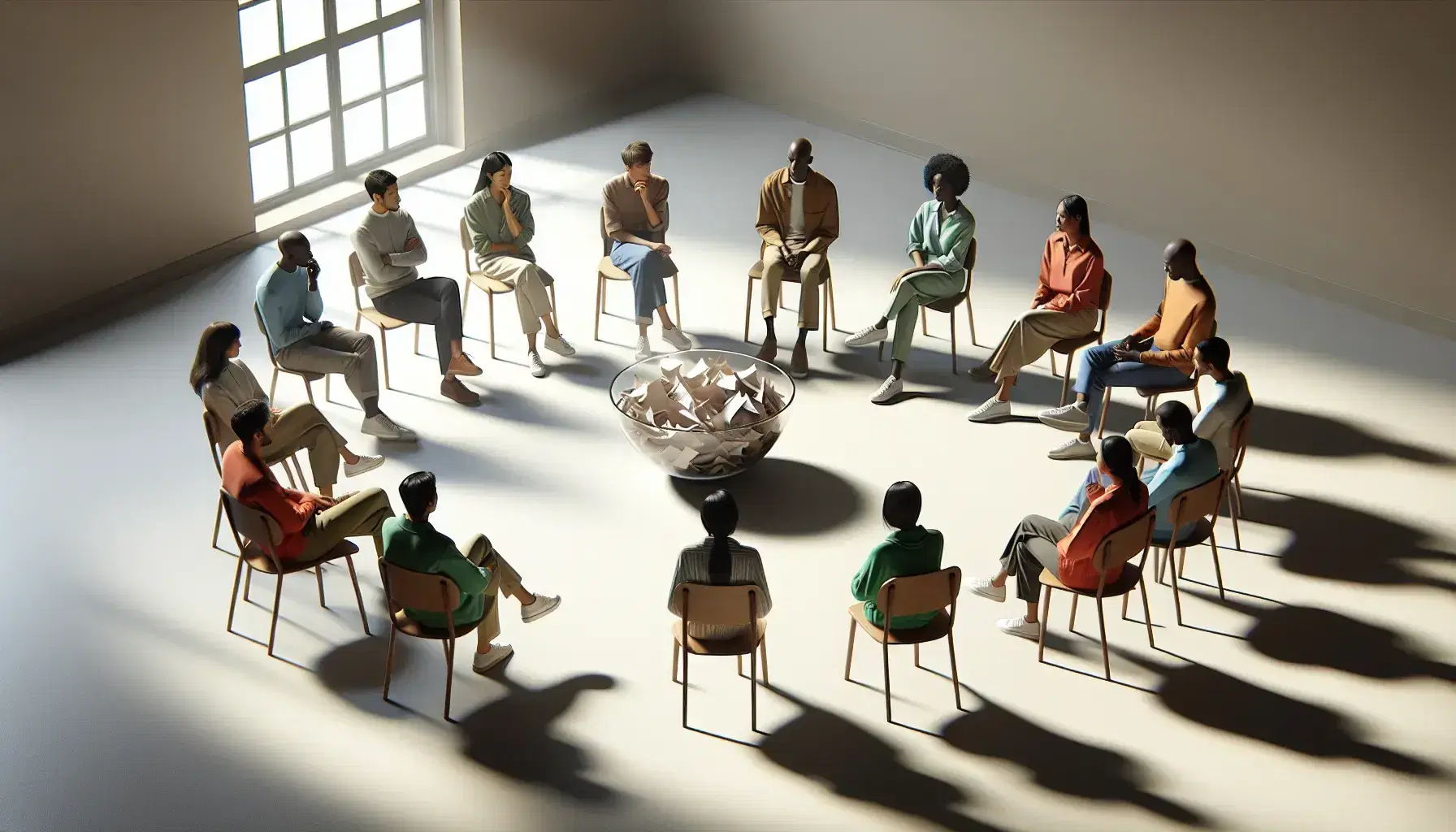 Multi-ethnic group of people of different ages and genders sitting in a circle in a bright room, discussing around a glass bowl with slips of paper.