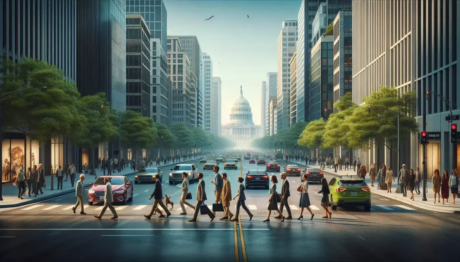 Diverse pedestrians walk along a tree-lined city street with cars at a red light, near a mix of modern and historic buildings under a clear sky.