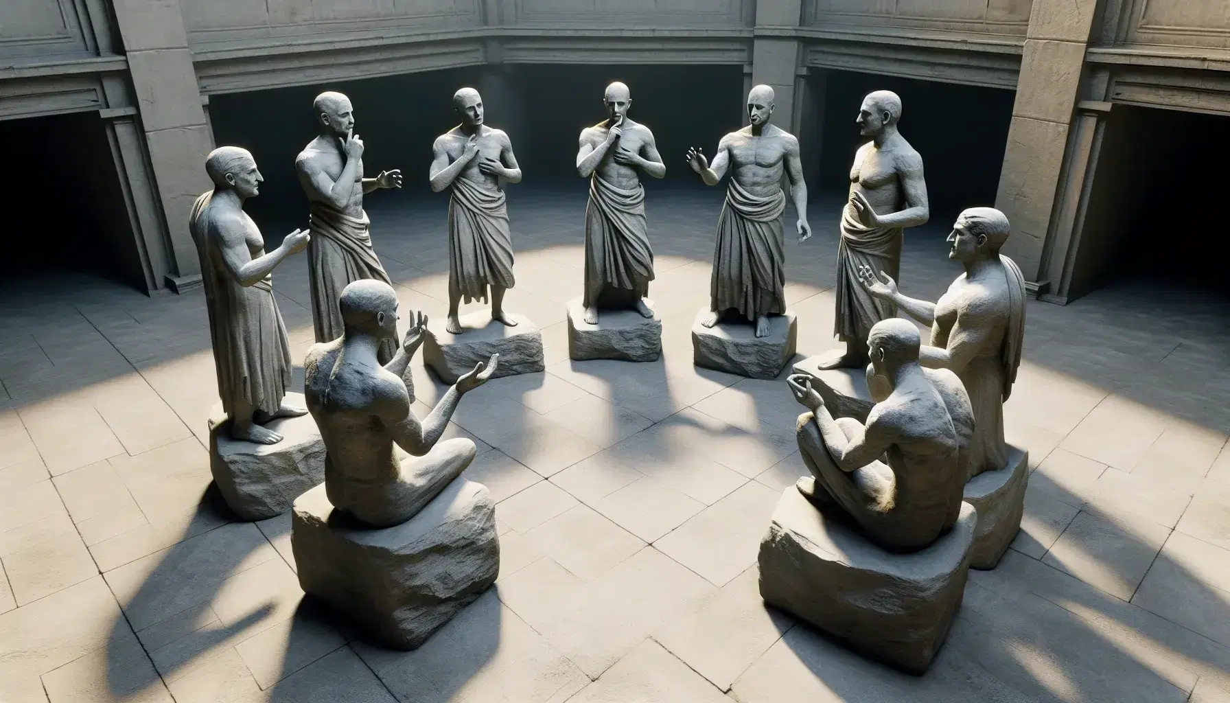 Cinco estatuas de piedra en semicírculo representando hombres en debate, en plaza antigua con columnas y suelo geométrico, bajo luz natural.