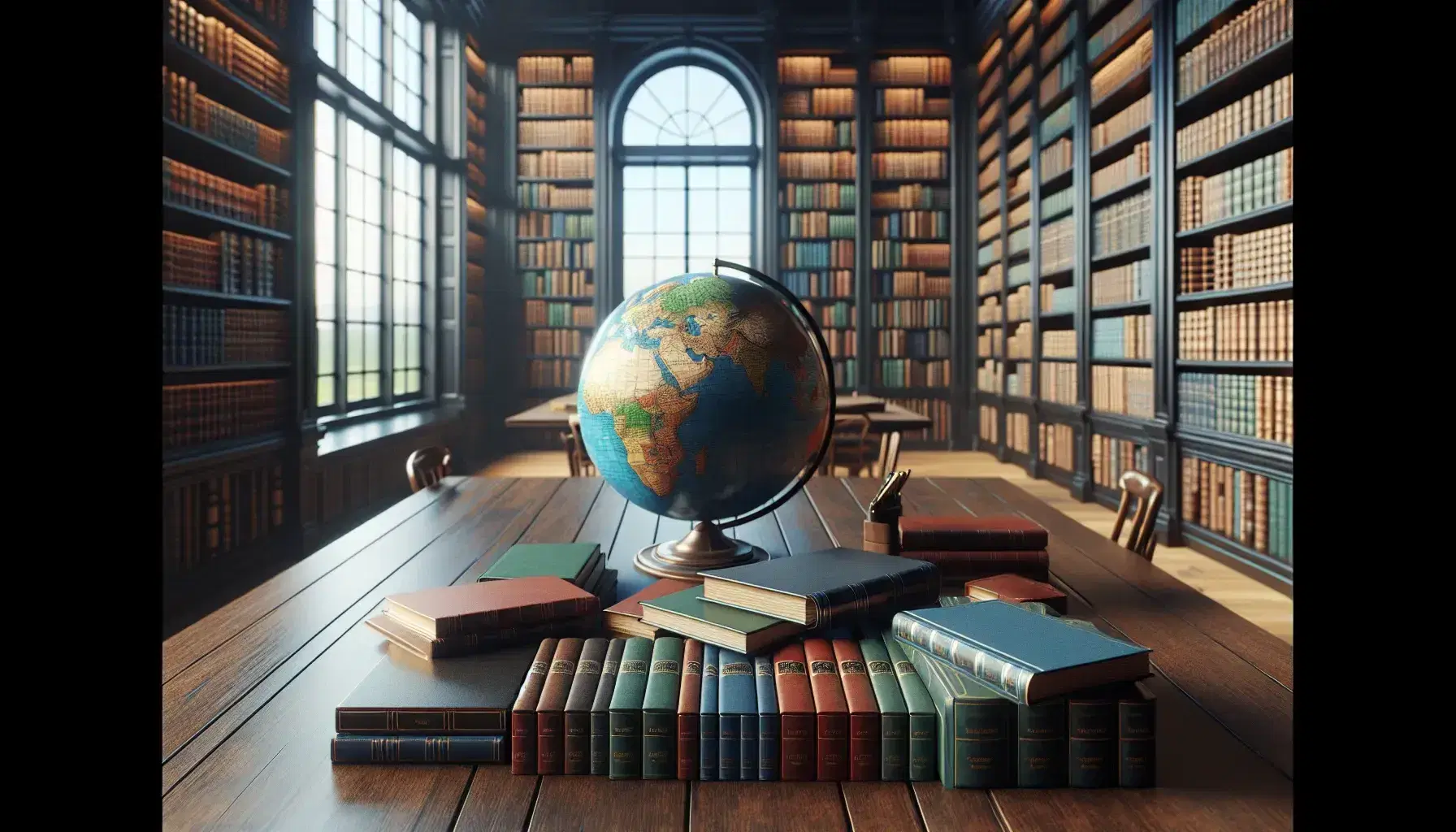 Biblioteca espaciosa y luminosa con mesa de madera y libros apilados, globo terráqueo y estanterías llenas hasta el techo, luz natural y vista al cielo azul.