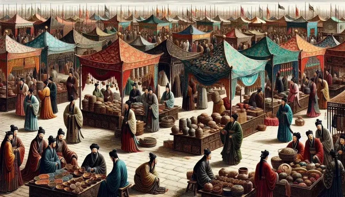 Vibrant Song Dynasty market scene with colorful merchant stalls selling silk, pottery, and tools, bustling with people in traditional attire.