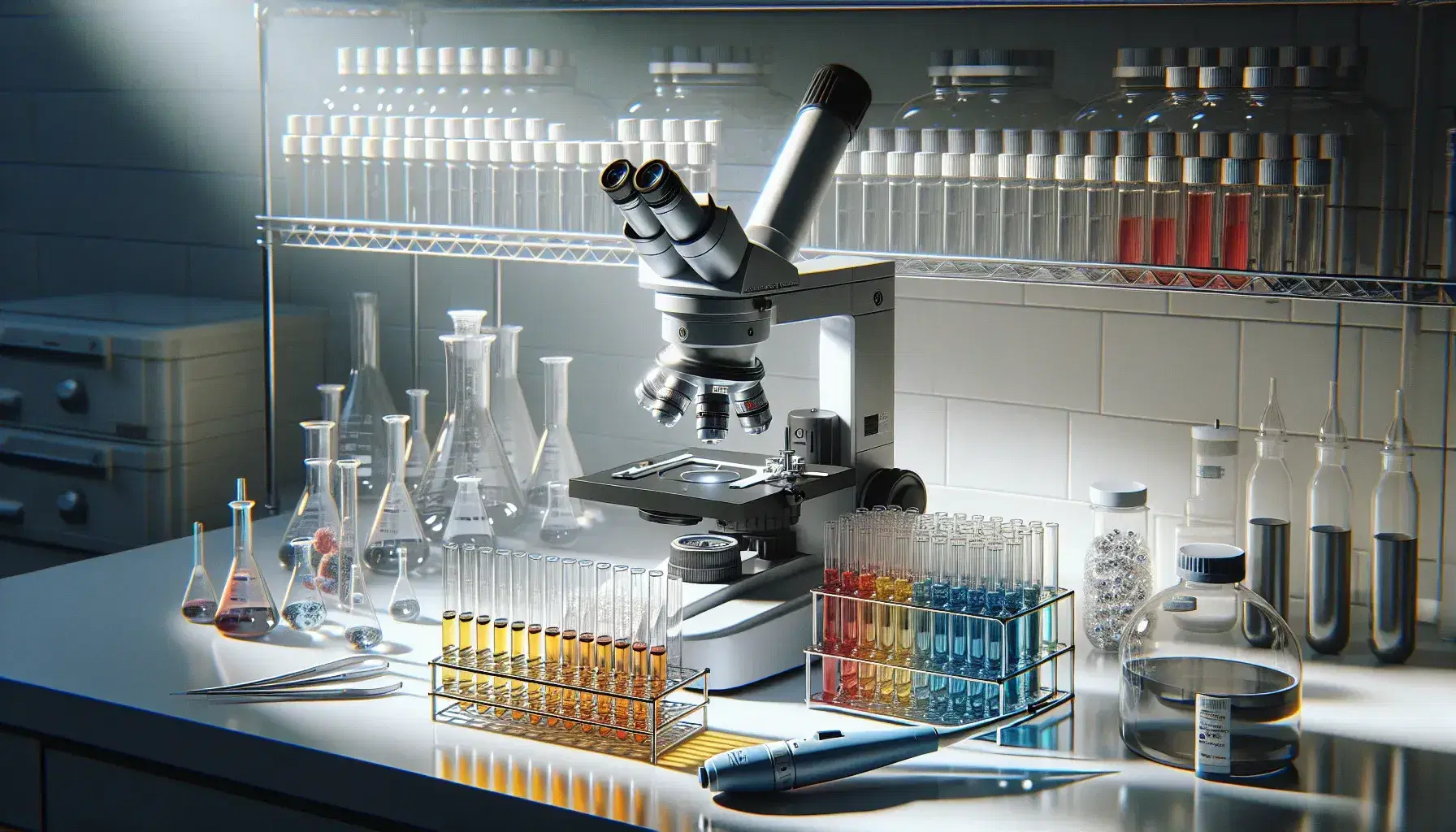 Laboratorio con microscopio electrónico plateado en el centro, tubos de ensayo con líquidos de colores en estante y pipeta azul con puntas desechables.