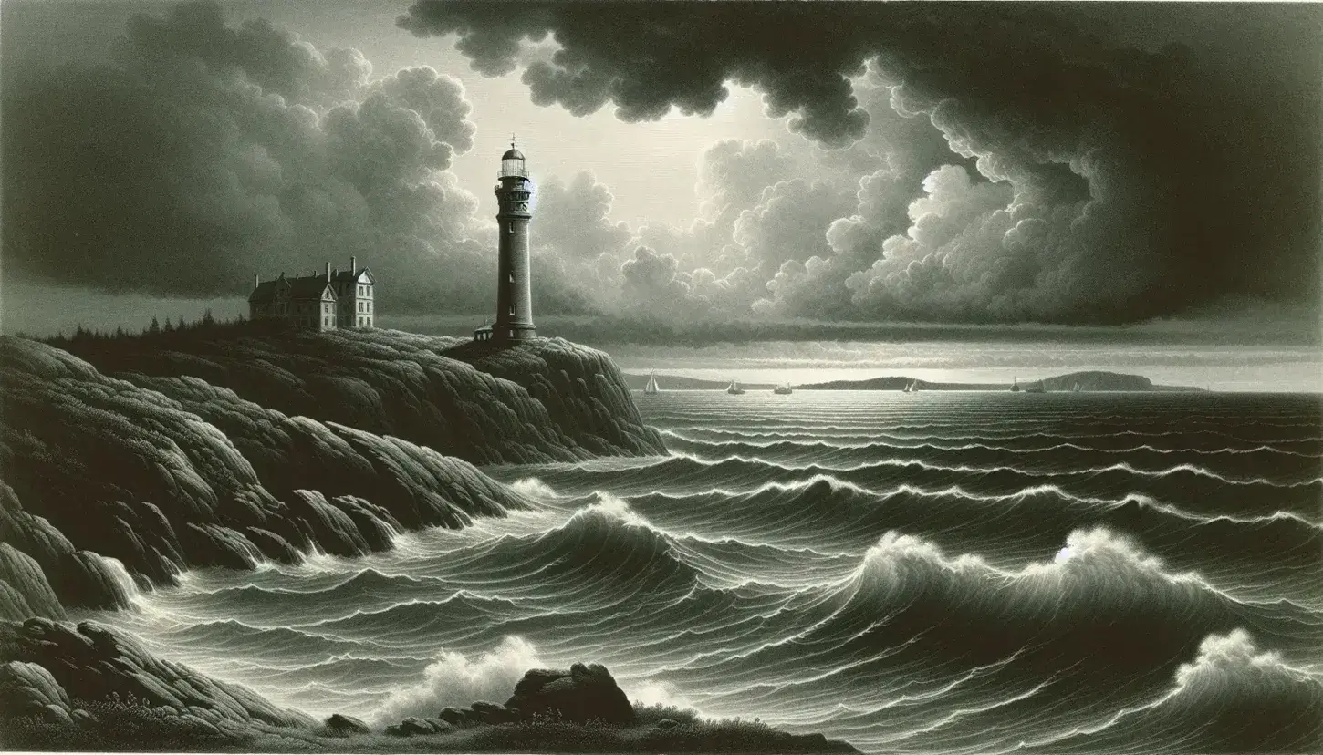 Stormy coastal scene with tumultuous waves, dark clouds, and an unlit white lighthouse on a rocky promontory.