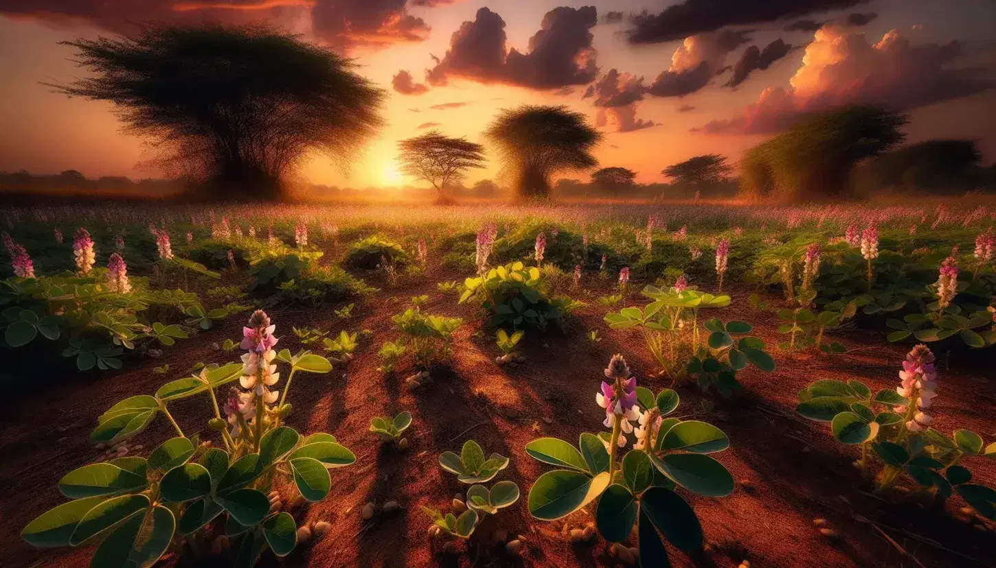 Campo abierto al atardecer con legumbres de flores moradas y blancas, suelo marrón fértil, árboles frondosos y cielo rosado anaranjado con nubes dispersas.