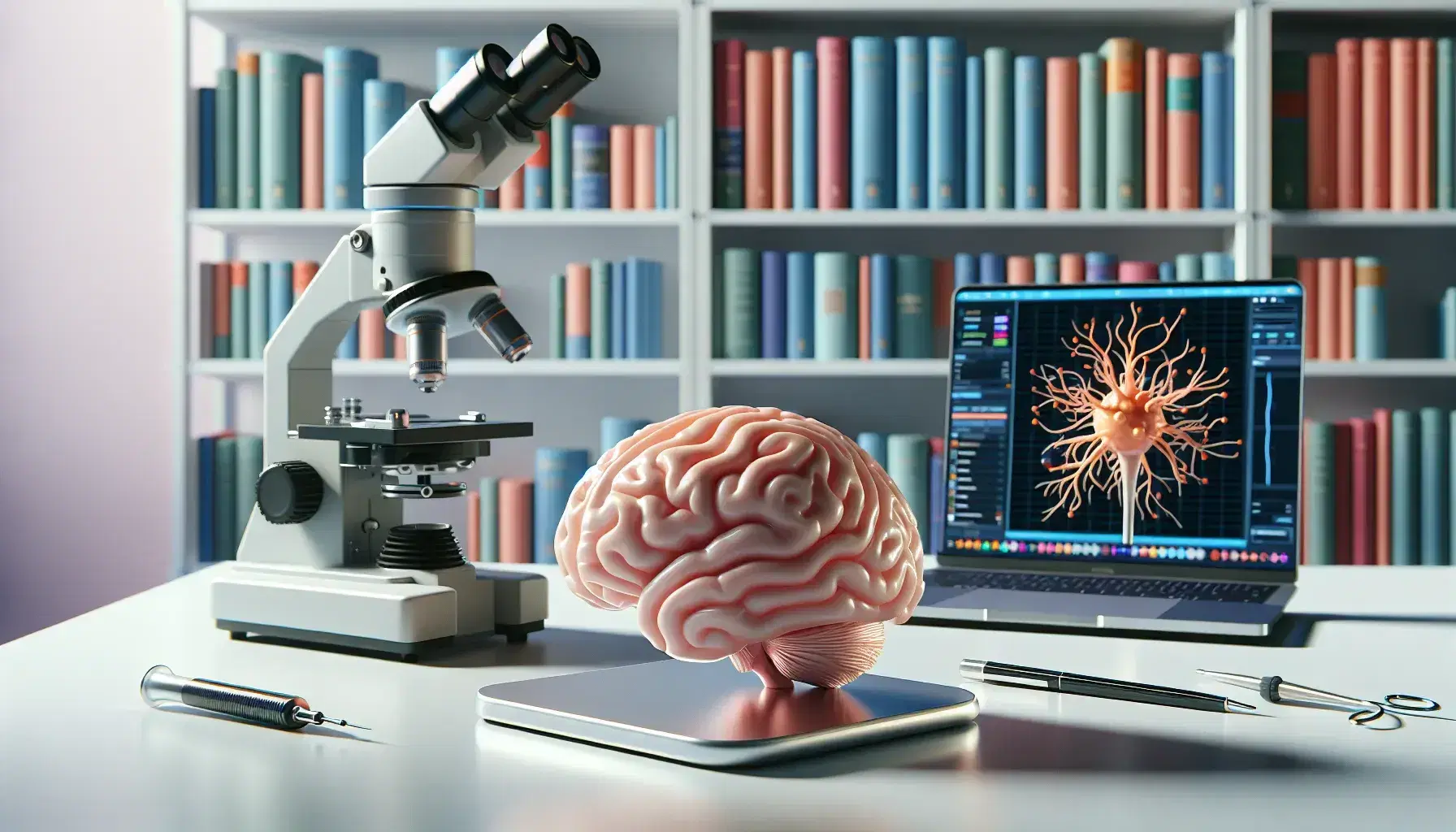 Laboratorio moderno con cerebro humano plástico en mesa, microscopio electrónico al lado y portátil con gráficos, mano con guantes sosteniendo modelo de neurona.