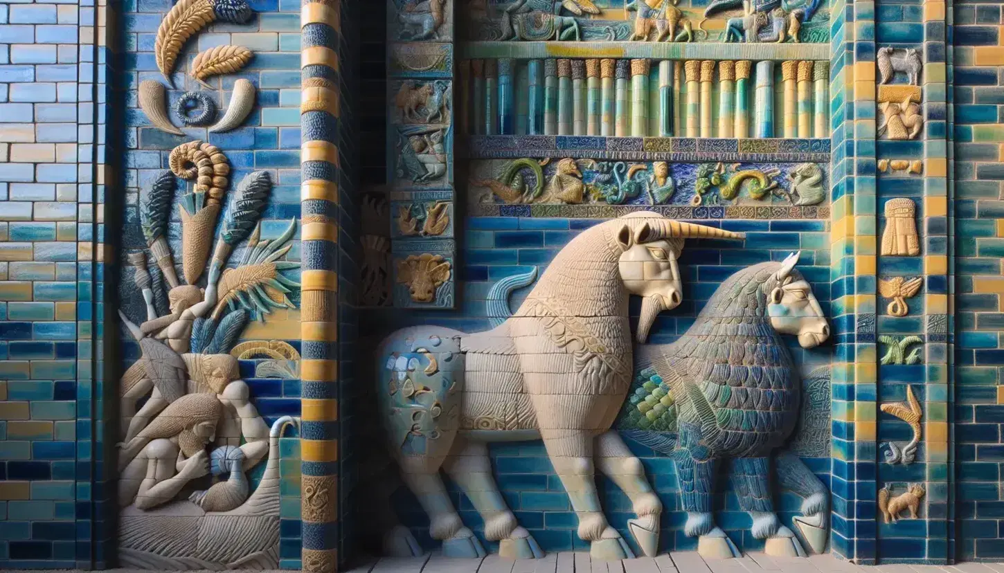 Particolare della Porta di Ishtar ricostruita con rilievi di toro androcefalo e drago-serpente su mattoni ceramici blu cobalto.