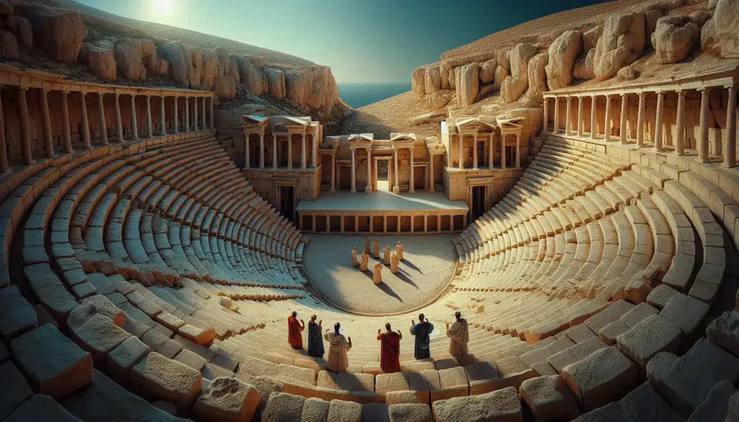 Teatro greco antico scavato nella roccia con terrazze semicircolari e orchestra centrale, sotto un cielo azzurro, con tre attori mascherati in scena.