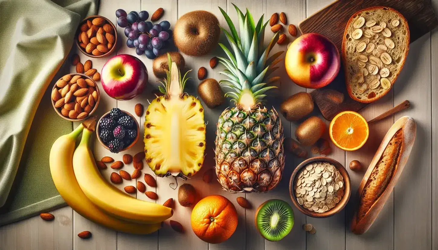 Variedad de alimentos naturales en superficie de madera con piña, uvas, manzana, naranja, banana, kiwis, almendras, pan integral y avena.