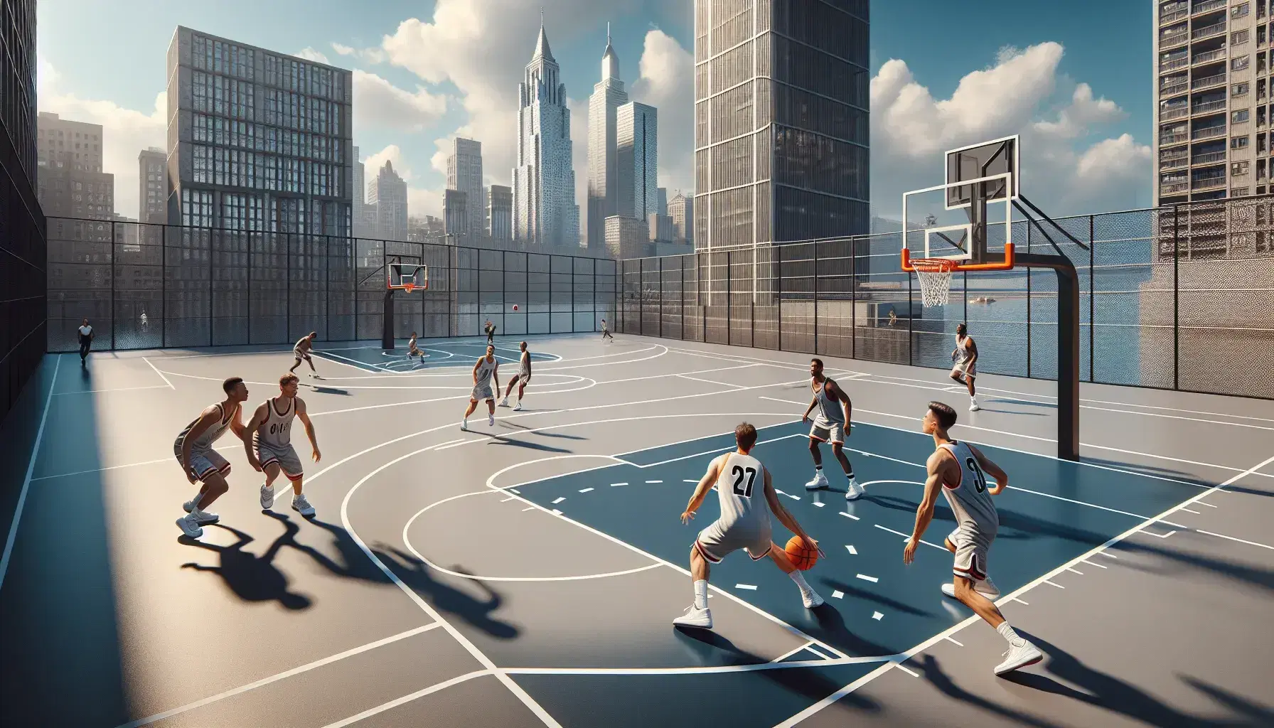 Cancha de baloncesto 3x3 al aire libre con jugadores en acción, defensores intentando interceptar pase y fondo urbano con rascacielos bajo cielo azul.